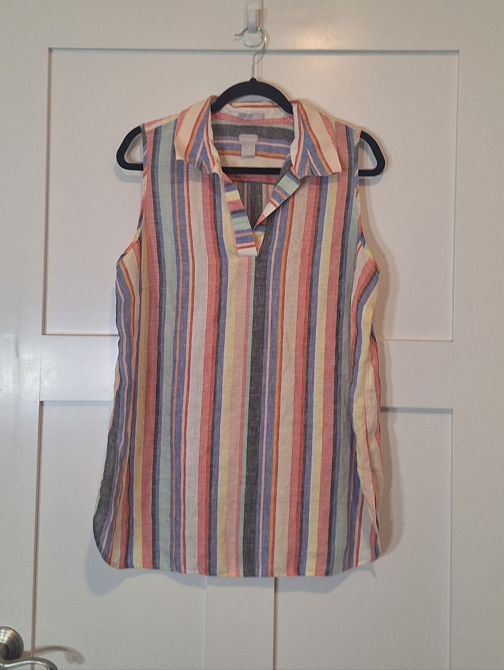 Chico's Linen Non Iron Fresh Chic Sleeveless Collared Tunic Top Stripes Large